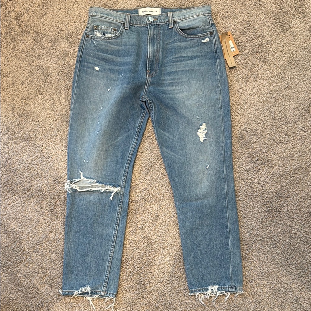 Reformation High Rise Distressed Blue Jeans